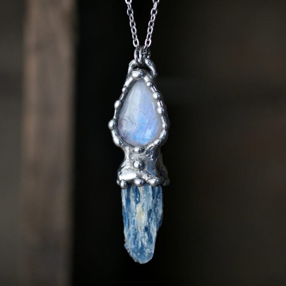 Moonstone Kyanite Raw Crystal Silver Necklace Handmade